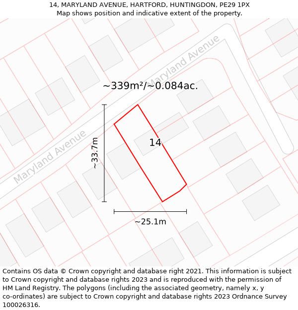 14, MARYLAND AVENUE, HARTFORD, HUNTINGDON, PE29 1PX: Plot and title map