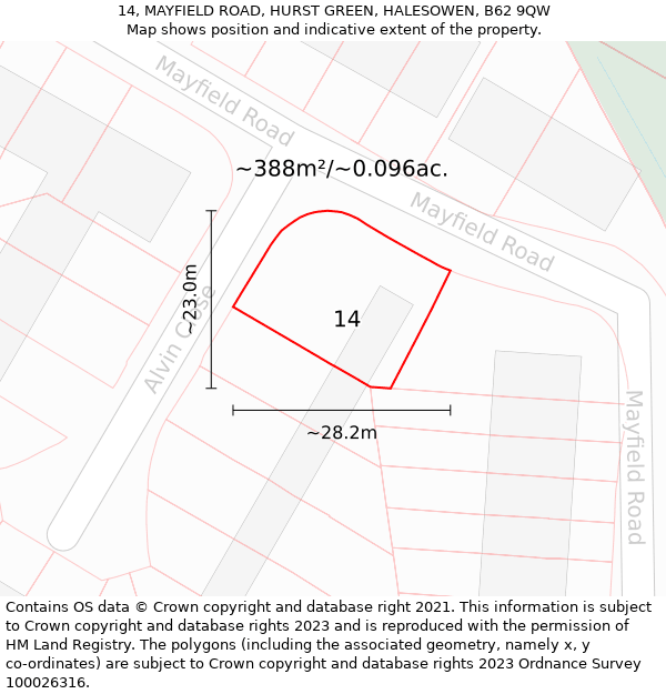 14, MAYFIELD ROAD, HURST GREEN, HALESOWEN, B62 9QW: Plot and title map