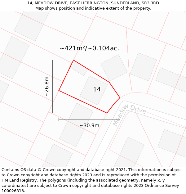 14, MEADOW DRIVE, EAST HERRINGTON, SUNDERLAND, SR3 3RD: Plot and title map