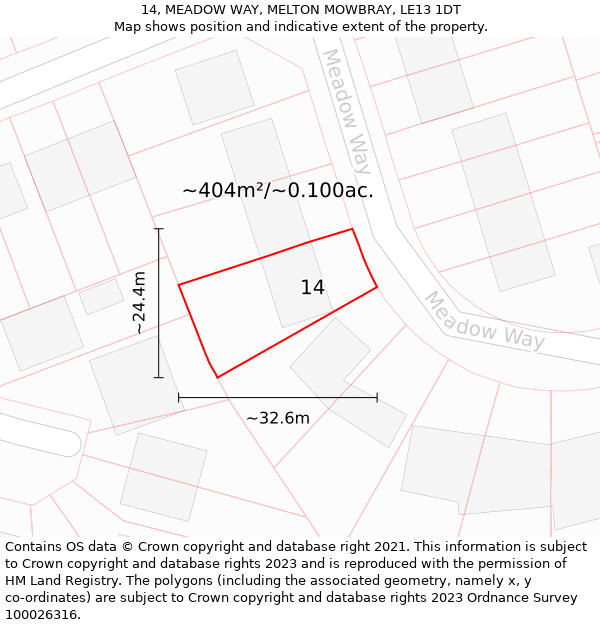 14, MEADOW WAY, MELTON MOWBRAY, LE13 1DT: Plot and title map