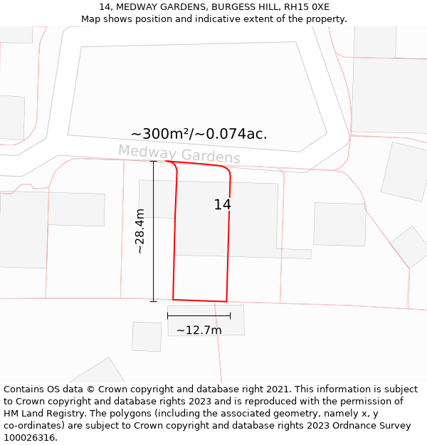 14, MEDWAY GARDENS, BURGESS HILL, RH15 0XE: Plot and title map