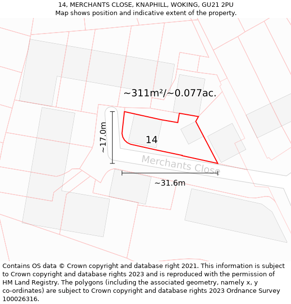 14, MERCHANTS CLOSE, KNAPHILL, WOKING, GU21 2PU: Plot and title map