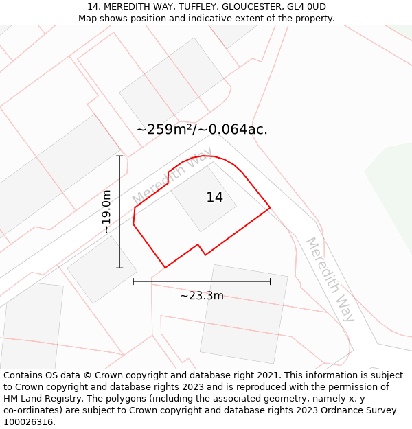 14, MEREDITH WAY, TUFFLEY, GLOUCESTER, GL4 0UD: Plot and title map