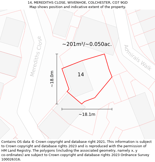 14, MEREDITHS CLOSE, WIVENHOE, COLCHESTER, CO7 9GD: Plot and title map