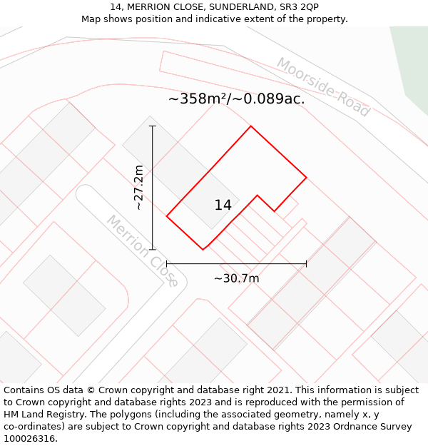 14, MERRION CLOSE, SUNDERLAND, SR3 2QP: Plot and title map