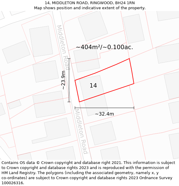 14, MIDDLETON ROAD, RINGWOOD, BH24 1RN: Plot and title map