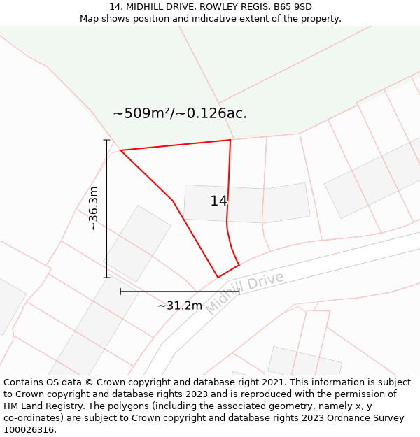 14, MIDHILL DRIVE, ROWLEY REGIS, B65 9SD: Plot and title map