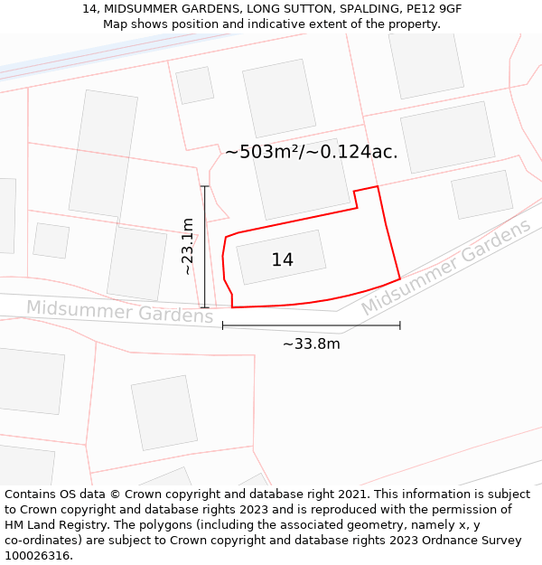 14, MIDSUMMER GARDENS, LONG SUTTON, SPALDING, PE12 9GF: Plot and title map