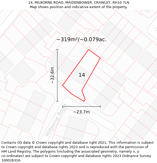 14, MILBORNE ROAD, MAIDENBOWER, CRAWLEY, RH10 7LN: Plot and title map