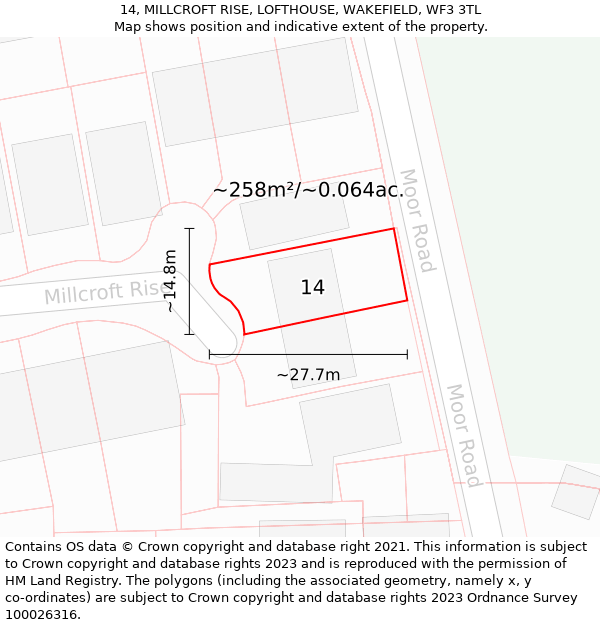 14, MILLCROFT RISE, LOFTHOUSE, WAKEFIELD, WF3 3TL: Plot and title map