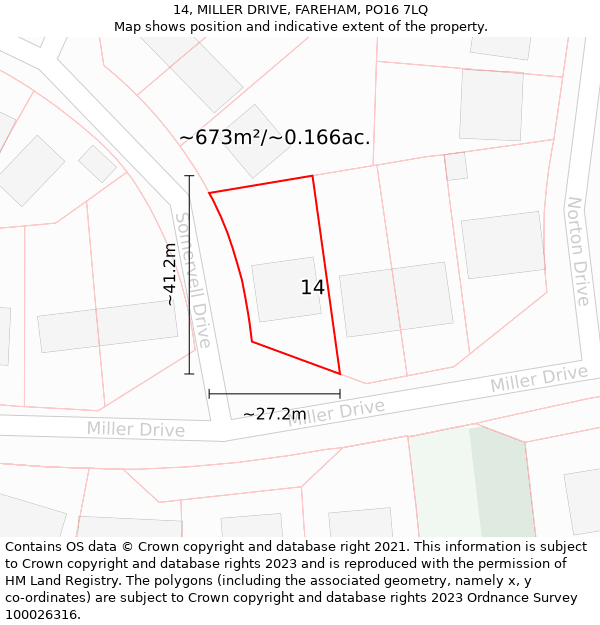 14, MILLER DRIVE, FAREHAM, PO16 7LQ: Plot and title map