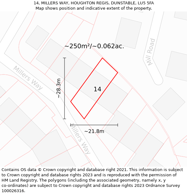 14, MILLERS WAY, HOUGHTON REGIS, DUNSTABLE, LU5 5FA: Plot and title map