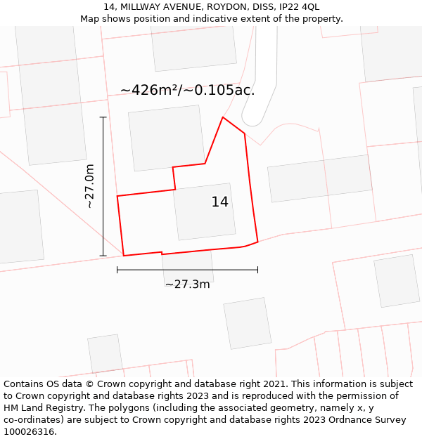 14, MILLWAY AVENUE, ROYDON, DISS, IP22 4QL: Plot and title map