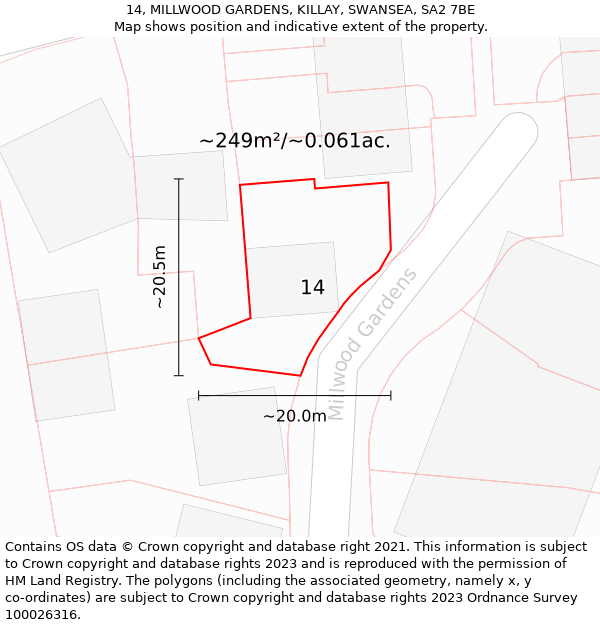 14, MILLWOOD GARDENS, KILLAY, SWANSEA, SA2 7BE: Plot and title map