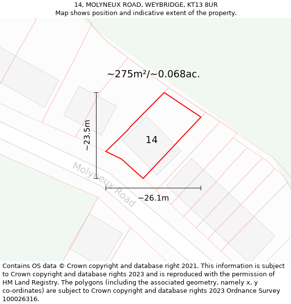 14, MOLYNEUX ROAD, WEYBRIDGE, KT13 8UR: Plot and title map