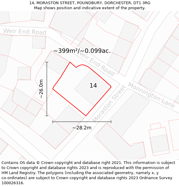 14, MORASTON STREET, POUNDBURY, DORCHESTER, DT1 3RG: Plot and title map