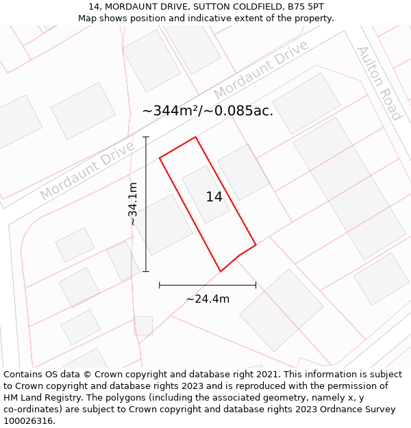 14, MORDAUNT DRIVE, SUTTON COLDFIELD, B75 5PT: Plot and title map