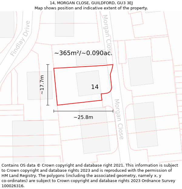 14, MORGAN CLOSE, GUILDFORD, GU3 3EJ: Plot and title map