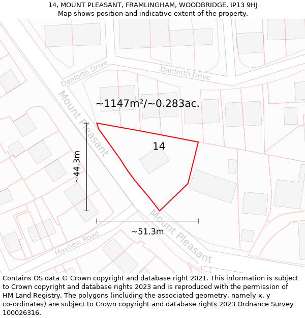 14, MOUNT PLEASANT, FRAMLINGHAM, WOODBRIDGE, IP13 9HJ: Plot and title map