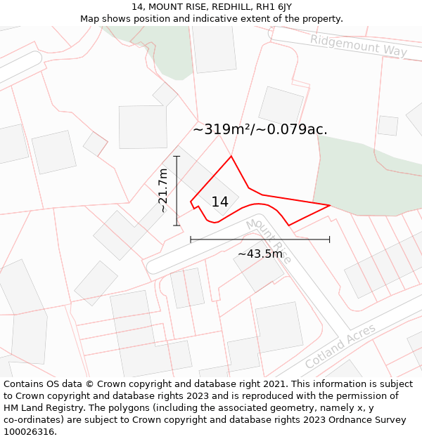 14, MOUNT RISE, REDHILL, RH1 6JY: Plot and title map