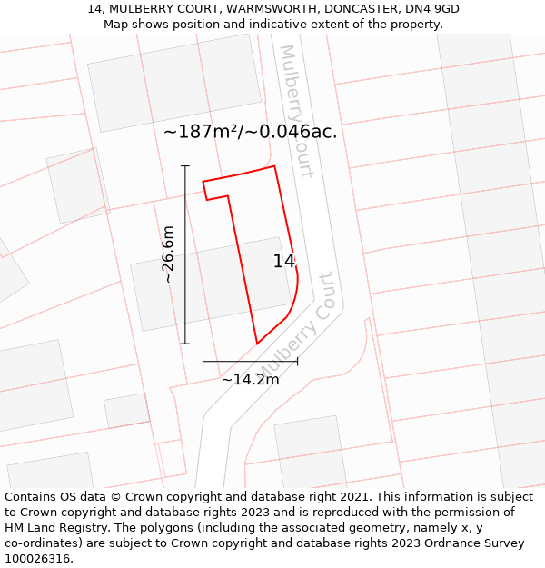 14, MULBERRY COURT, WARMSWORTH, DONCASTER, DN4 9GD: Plot and title map