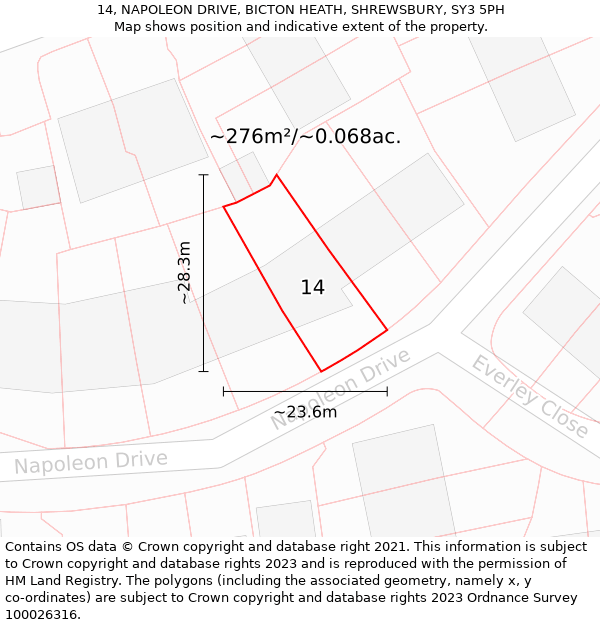 14, NAPOLEON DRIVE, BICTON HEATH, SHREWSBURY, SY3 5PH: Plot and title map