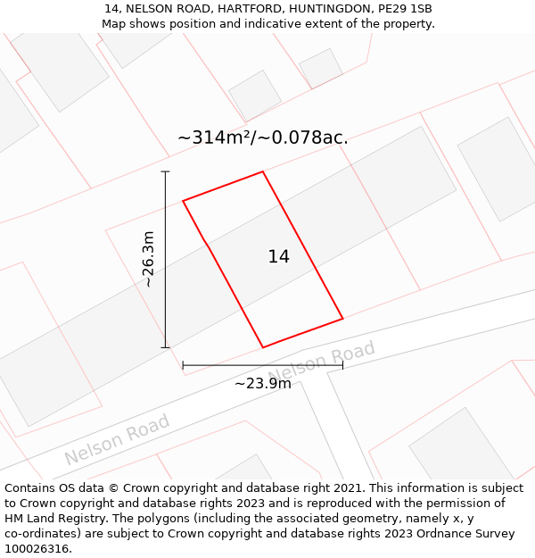 14, NELSON ROAD, HARTFORD, HUNTINGDON, PE29 1SB: Plot and title map