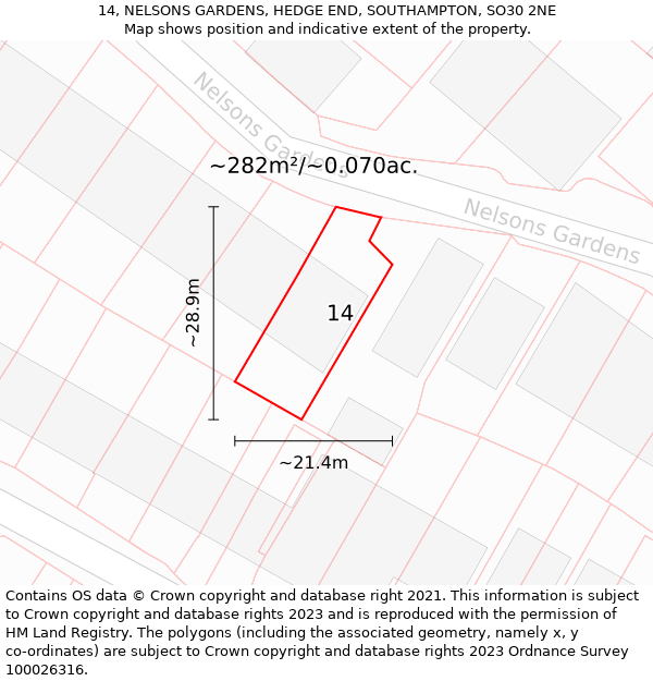 14, NELSONS GARDENS, HEDGE END, SOUTHAMPTON, SO30 2NE: Plot and title map