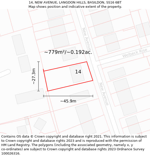 14, NEW AVENUE, LANGDON HILLS, BASILDON, SS16 6BT: Plot and title map