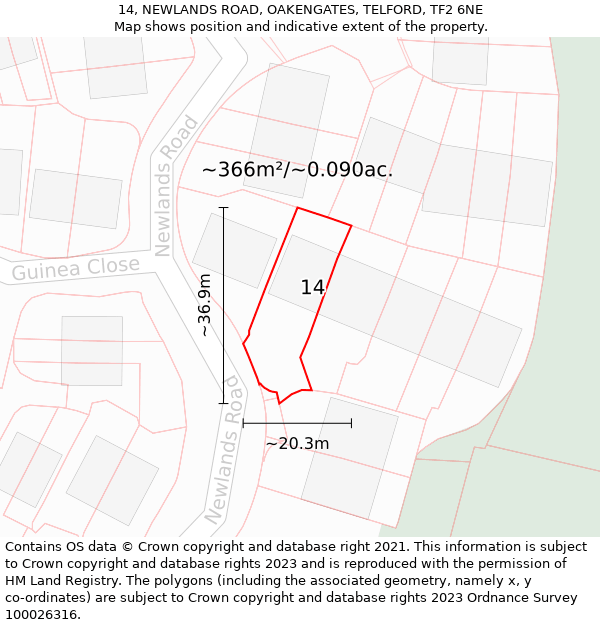 14, NEWLANDS ROAD, OAKENGATES, TELFORD, TF2 6NE: Plot and title map