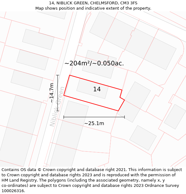 14, NIBLICK GREEN, CHELMSFORD, CM3 3FS: Plot and title map