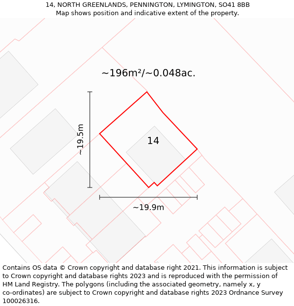 14, NORTH GREENLANDS, PENNINGTON, LYMINGTON, SO41 8BB: Plot and title map