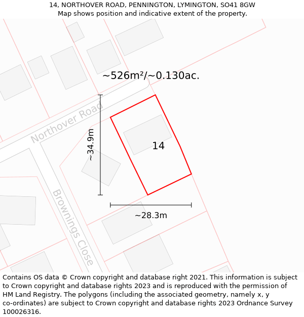 14, NORTHOVER ROAD, PENNINGTON, LYMINGTON, SO41 8GW: Plot and title map