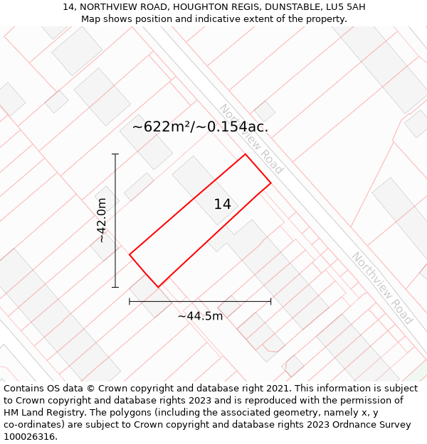 14, NORTHVIEW ROAD, HOUGHTON REGIS, DUNSTABLE, LU5 5AH: Plot and title map