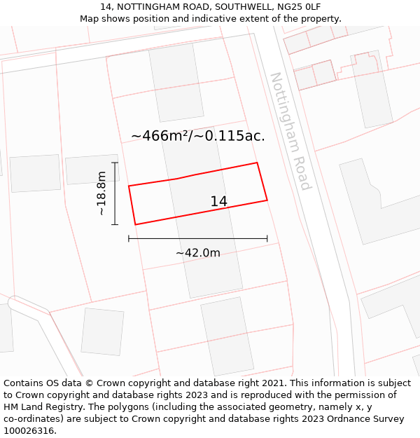 14, NOTTINGHAM ROAD, SOUTHWELL, NG25 0LF: Plot and title map