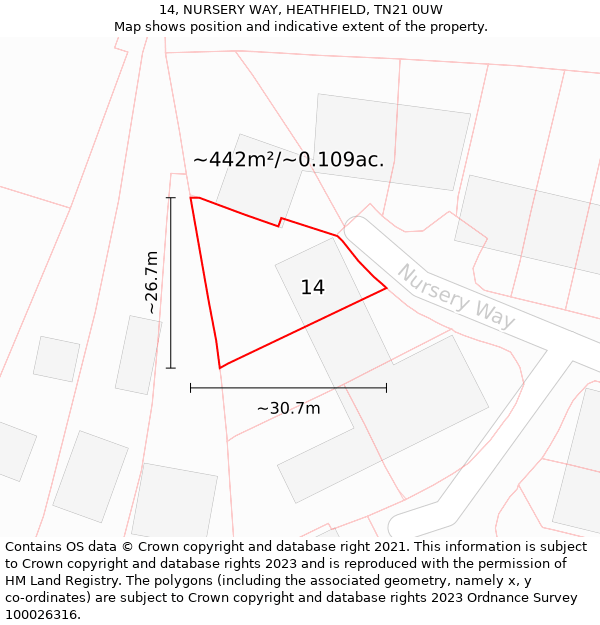 14, NURSERY WAY, HEATHFIELD, TN21 0UW: Plot and title map