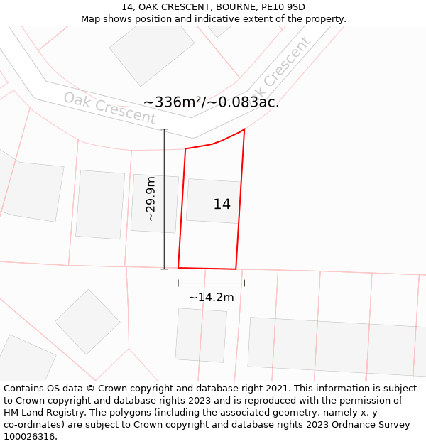 14, OAK CRESCENT, BOURNE, PE10 9SD: Plot and title map