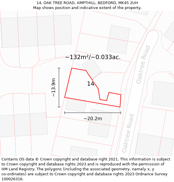 14, OAK TREE ROAD, AMPTHILL, BEDFORD, MK45 2UH: Plot and title map