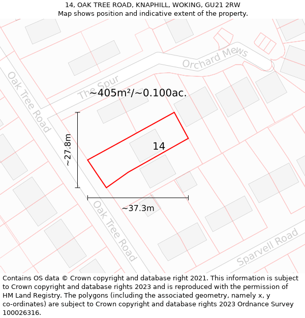 14, OAK TREE ROAD, KNAPHILL, WOKING, GU21 2RW: Plot and title map