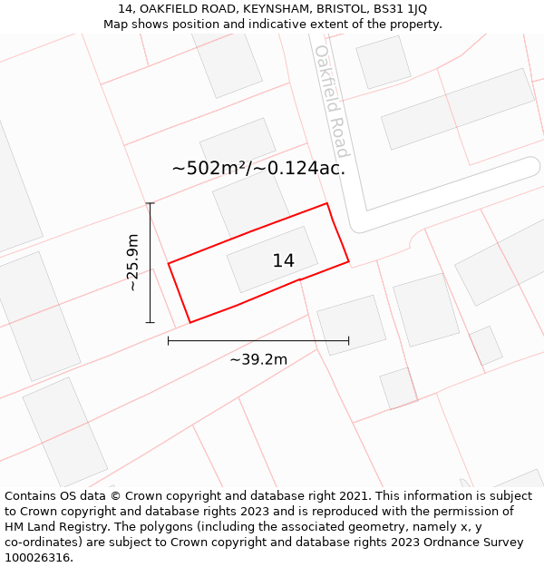 14, OAKFIELD ROAD, KEYNSHAM, BRISTOL, BS31 1JQ: Plot and title map