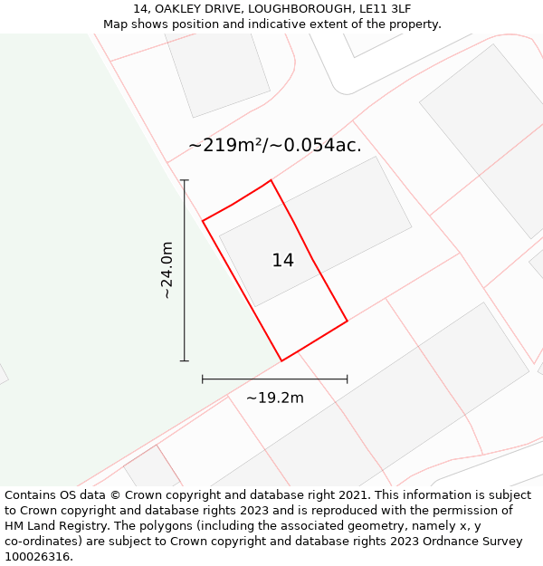 14, OAKLEY DRIVE, LOUGHBOROUGH, LE11 3LF: Plot and title map