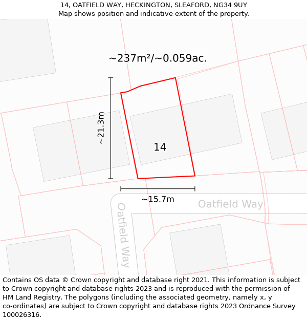 14, OATFIELD WAY, HECKINGTON, SLEAFORD, NG34 9UY: Plot and title map