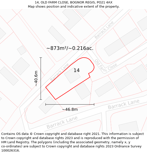 14, OLD FARM CLOSE, BOGNOR REGIS, PO21 4AX: Plot and title map