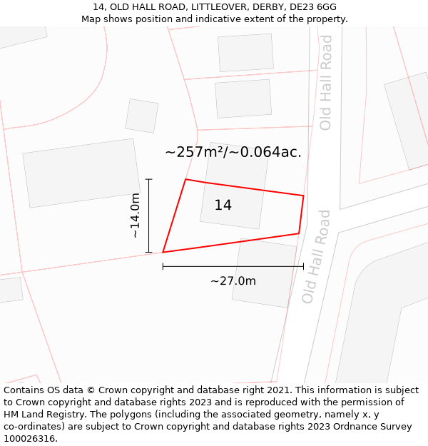 14, OLD HALL ROAD, LITTLEOVER, DERBY, DE23 6GG: Plot and title map