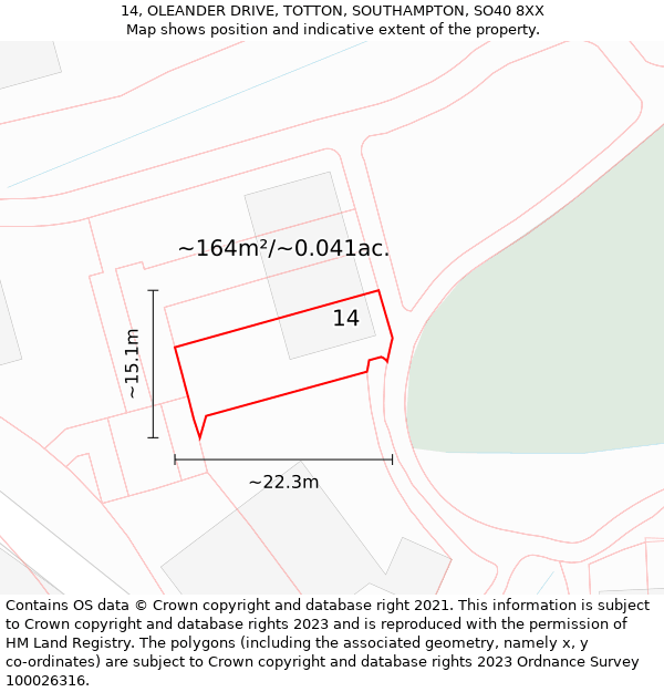 14, OLEANDER DRIVE, TOTTON, SOUTHAMPTON, SO40 8XX: Plot and title map