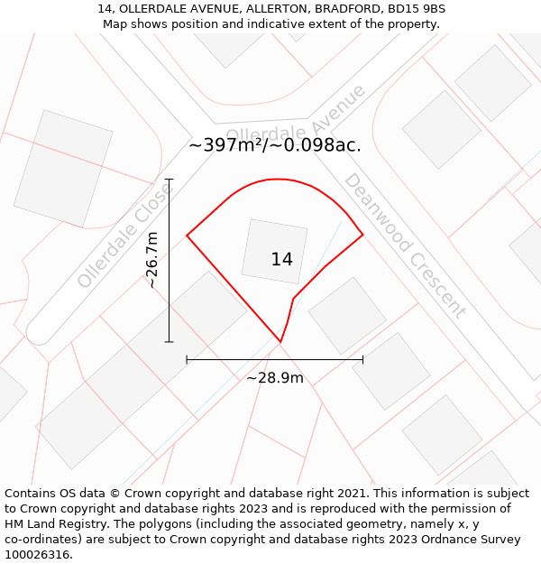 14, OLLERDALE AVENUE, ALLERTON, BRADFORD, BD15 9BS: Plot and title map