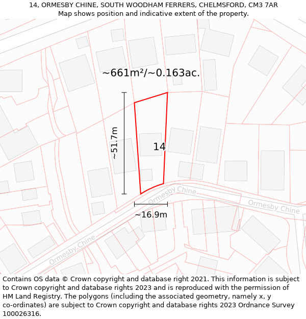 14, ORMESBY CHINE, SOUTH WOODHAM FERRERS, CHELMSFORD, CM3 7AR: Plot and title map