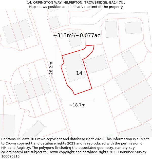 14, ORPINGTON WAY, HILPERTON, TROWBRIDGE, BA14 7UL: Plot and title map