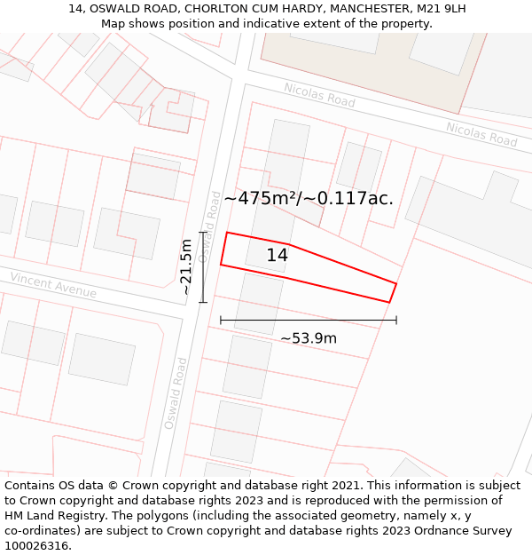 14, OSWALD ROAD, CHORLTON CUM HARDY, MANCHESTER, M21 9LH: Plot and title map