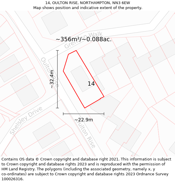 14, OULTON RISE, NORTHAMPTON, NN3 6EW: Plot and title map